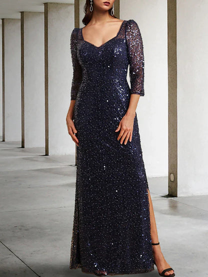 Sheath / Column Mother of the Bride Dress Elegant Sparkle & Shine Square Neck Floor Length Tulle Sequined 3/4 Length Sleeve with Beading Sequin Split Front