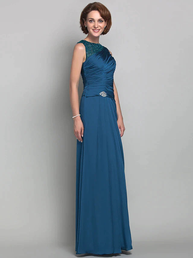 Sheath / Column Mother of the Bride Dress Vintage Inspired Jewel Neck Floor Length Satin Chiffon Sleeveless with Beading