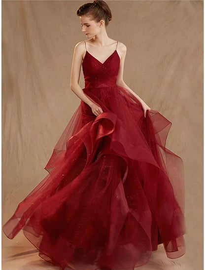 Ball Gown Evening Gown Elegant Dress Party Wear Floor Length Sleeveless V Neck Tulle V Back with Sequin Ruffles