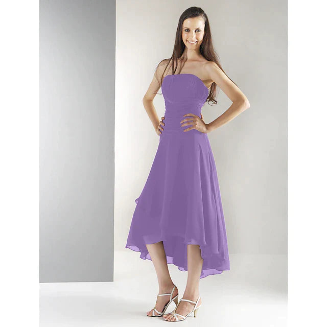 Ball Gown / A-Line Bridesmaid Dress Strapless Sleeveless Open Back Asymmetrical / Tea Length Chiffon with Ruched / Draping