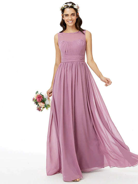 A-Line Bridesmaid Dress Jewel Neck Sleeveless Open Back Floor Length Chiffon with Sash / Ribbon / Pleats / Ruched