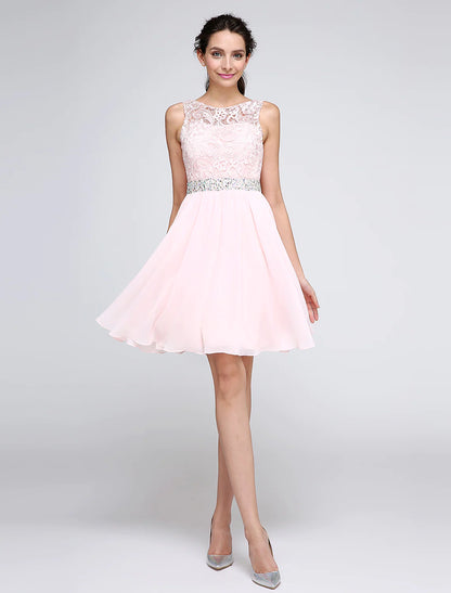 A-Line Special Occasion Dresses Party Dress Homecoming Short / Mini Sleeveless Illusion Neck Chiffon V Back Low Back with Crystals