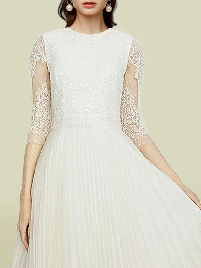 A-Line Mother of the Bride Dress Elegant Jewel Neck Tea Length Chiffon Lace Half Sleeve with Appliques