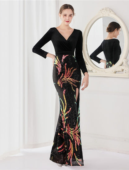 Evening Gown Elegant Dress Wedding Floor Length Long Sleeve V Neck Sequined V Back with Sequin Slit
