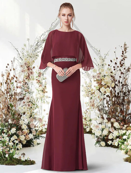 Elegant Engagement Formal Evening Dress Jewel Neck Half Sleeve Floor Length Chiffon with Sash Ribbon