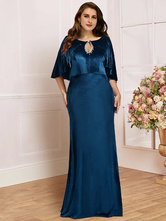 Plus Size Curve Mother of the Bride Dress Wedding Guest Vintage Elegant Scoop Neck Sweep / Brush Train Velvet Half Sleeve with Lace Pleats Beading