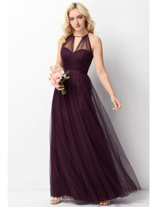 A-Line Bridesmaid Dress Sleeveless Elegant Floor Length Chiffon Tulle with