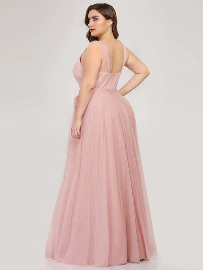 A-Line Bridesmaid Dress V Neck Sleeveless Plus Size Floor Length Tulle with Bow(s) / Ruching / Bandage