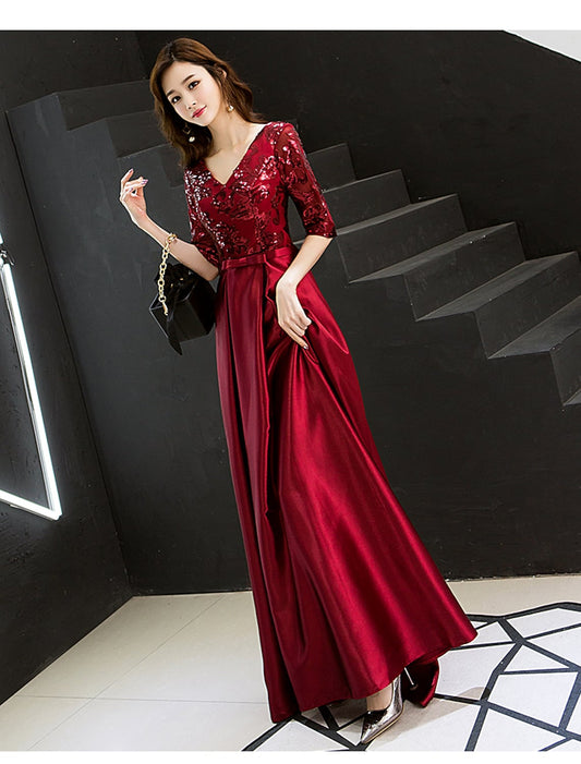 A-Line Sparkle Elegant Wedding Guest Prom Formal Evening Dress V Neck Half Sleeve Floor Length Satin with