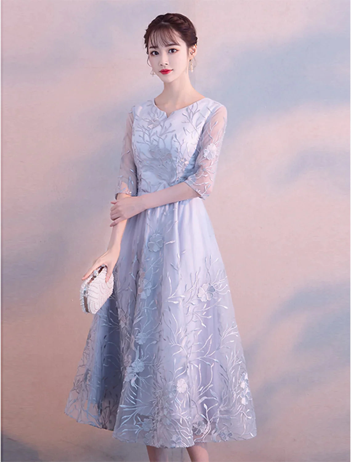 A-Line Elegant Cocktail Party Prom Dress Length Sleeve Length Lace with Lace Appliques