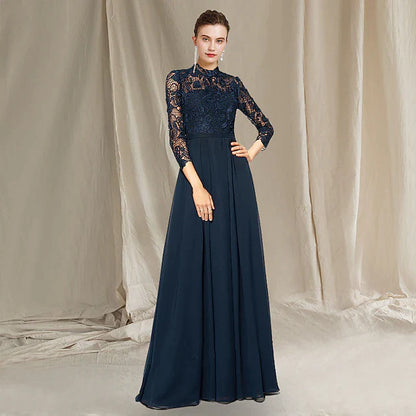 A-Line Mother of the Bride Dress Elegant High Neck Floor Length Chiffon Lace Short Sleeve with Pleats